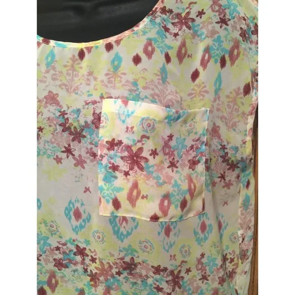 Decree Blouse Womens Size S Sleeveless Yellow Floral Multi Sheer Top Longer Back - Picture 5 of 9